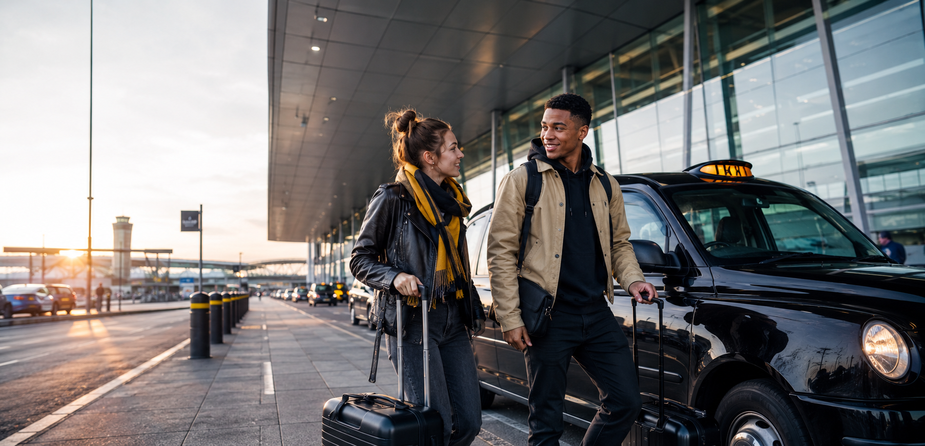 Young travellers taking a taxi to the airport