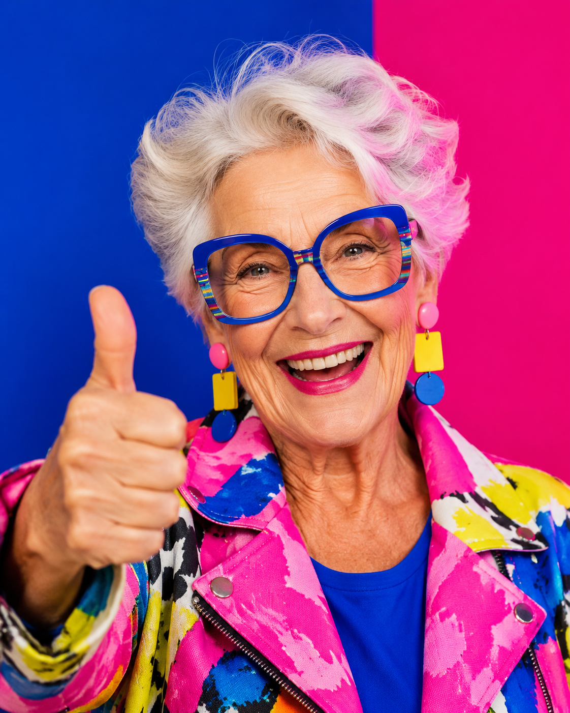 Flamboyant older woman smiling and giving a thumbs-up